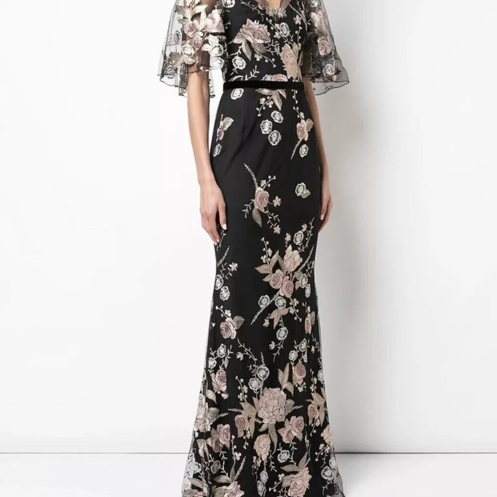 Marchesa Notte Floral Embroidered V-Neck Cape Flutter Sleeve Gown Size 2 - Picture 10 of 11